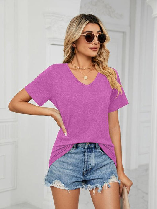 Short Sleeve V Neck Gathered Loose T-Shirt Top Ladies - 808Lush