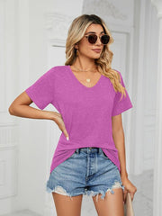 Short Sleeve V Neck Gathered Loose T-Shirt Top Ladies - 808Lush