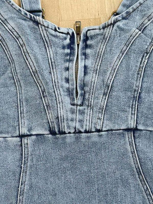 Short-sleeved U-neck suspenders distressed casual denim dress - 808Lush