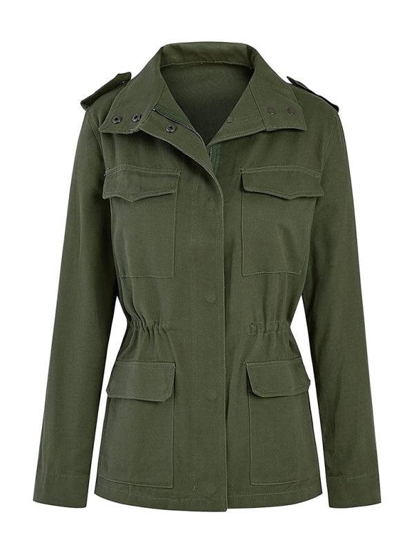 Slim fashion trendy solid color loose zippered multi-pocket jacket women's coat - 808Lush