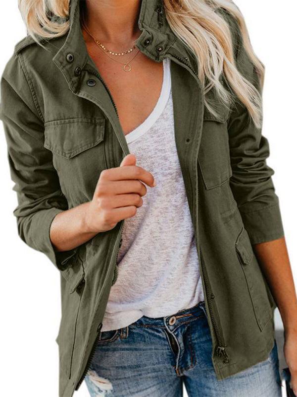Slim fashion trendy solid color loose zippered multi-pocket jacket women's coat - 808Lush
