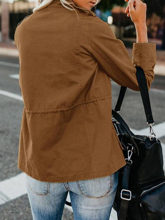 Slim fashion trendy solid color loose zippered multi-pocket jacket women's coat - 808Lush