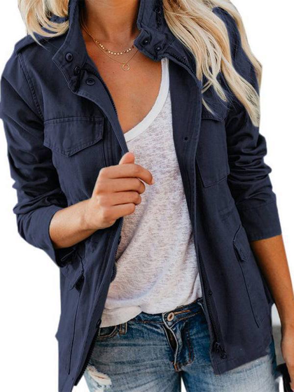 Slim fashion trendy solid color loose zippered multi-pocket jacket women's coat - 808Lush