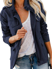 Slim fashion trendy solid color loose zippered multi-pocket jacket women's coat - 808Lush