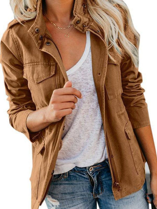 Slim fashion trendy solid color loose zippered multi-pocket jacket women's coat - 808Lush