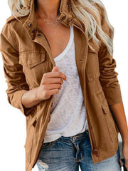 Slim fashion trendy solid color loose zippered multi-pocket jacket women's coat - 808Lush