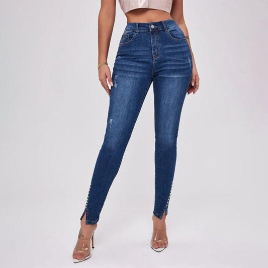Slit Beaded Stitching Slim High Waist Stretch Jeans Women's Trousers - 808Lush