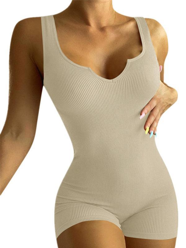 Solid Color Casual Knit Rib V-Neck Tank Top Slim Fit Jumpsuit - 808Lush