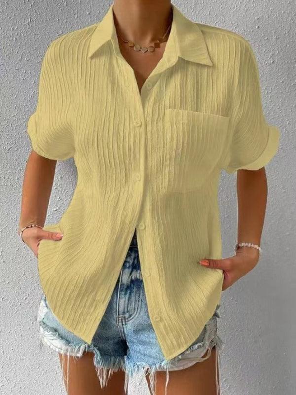 Solid Color Comfortable Casual Sweet Lapel Pocket Cardigan Short Sleeve Shirt - 808Lush