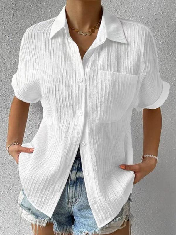 Solid Color Comfortable Casual Sweet Lapel Pocket Cardigan Short Sleeve Shirt - 808Lush