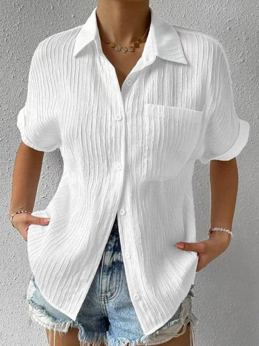 Solid Color Comfortable Casual Sweet Lapel Pocket Cardigan Short Sleeve Shirt - 808Lush