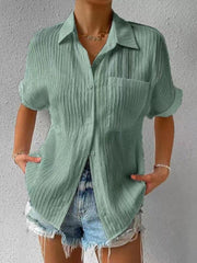 Solid Color Comfortable Casual Sweet Lapel Pocket Cardigan Short Sleeve Shirt - 808Lush