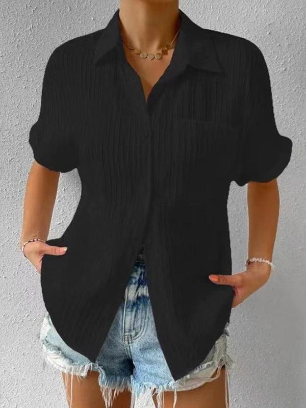 Solid Color Comfortable Casual Sweet Lapel Pocket Cardigan Short Sleeve Shirt - 808Lush