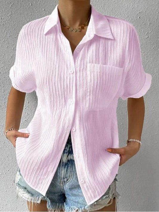 Solid Color Comfortable Casual Sweet Lapel Pocket Cardigan Short Sleeve Shirt - 808Lush