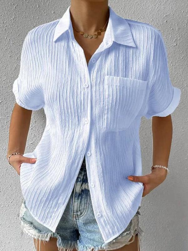 Solid Color Comfortable Casual Sweet Lapel Pocket Cardigan Short Sleeve Shirt - 808Lush