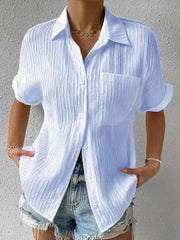 Solid Color Comfortable Casual Sweet Lapel Pocket Cardigan Short Sleeve Shirt - 808Lush