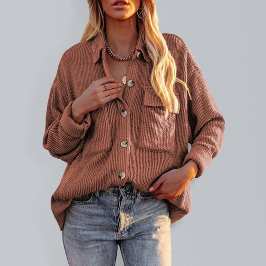 Solid Color Loose Corduroy Pocket Long Sleeve Cardigan Jacket - 808Lush