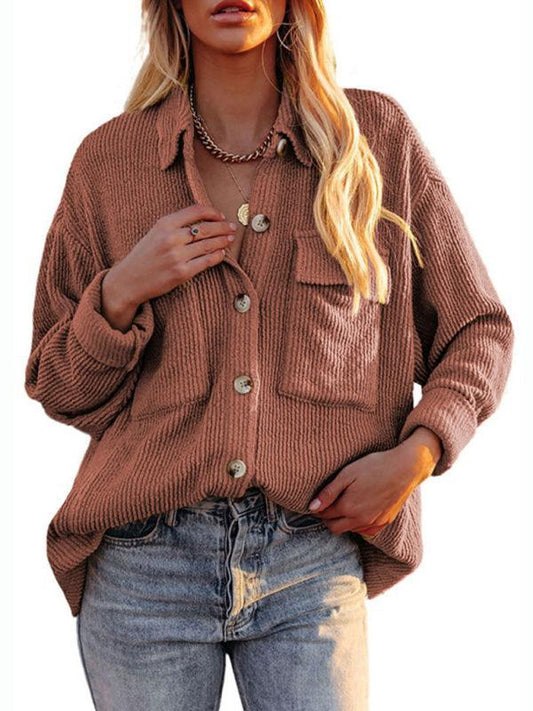 Solid Color Loose Corduroy Pocket Long Sleeve Cardigan Jacket - 808Lush