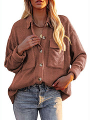 Solid Color Loose Corduroy Pocket Long Sleeve Cardigan Jacket - 808Lush