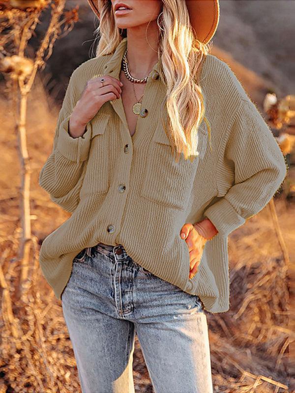 Solid Color Loose Corduroy Pocket Long Sleeve Cardigan Jacket - 808Lush