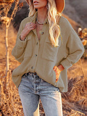 Solid Color Loose Corduroy Pocket Long Sleeve Cardigan Jacket - 808Lush