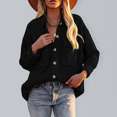 Solid Color Loose Corduroy Pocket Long Sleeve Cardigan Jacket - 808Lush