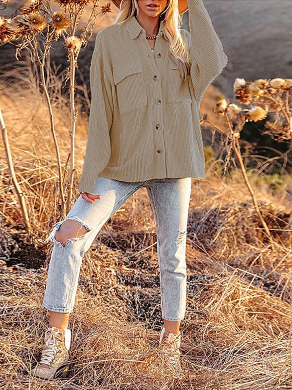 Solid Color Loose Corduroy Pocket Long Sleeve Cardigan Jacket - 808Lush