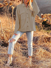 Solid Color Loose Corduroy Pocket Long Sleeve Cardigan Jacket - 808Lush