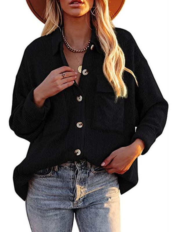 Solid Color Loose Corduroy Pocket Long Sleeve Cardigan Jacket - 808Lush