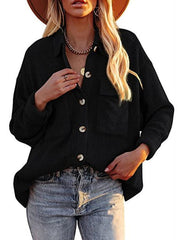 Solid Color Loose Corduroy Pocket Long Sleeve Cardigan Jacket - 808Lush