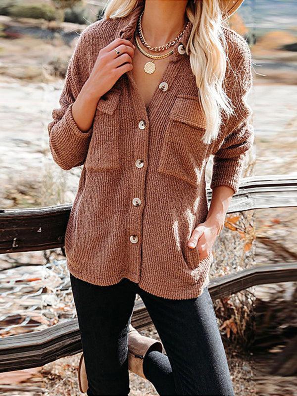 Solid Color Loose Corduroy Pocket Long Sleeve Cardigan Jacket - 808Lush
