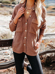 Solid Color Loose Corduroy Pocket Long Sleeve Cardigan Jacket - 808Lush