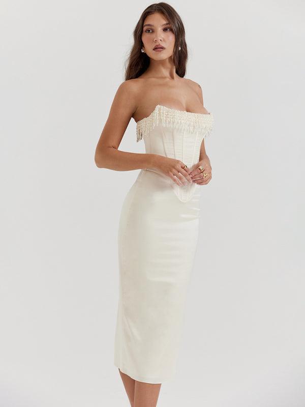 Solid Color Sexy Sleeveless Off-Shoulder Pearl Fishbone Slit Dress Skirt Women's Dress - 808Lush