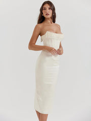 Solid Color Sexy Sleeveless Off-Shoulder Pearl Fishbone Slit Dress Skirt Women's Dress - 808Lush