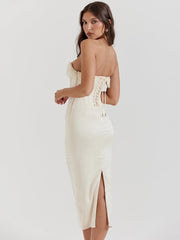 Solid Color Sexy Sleeveless Off-Shoulder Pearl Fishbone Slit Dress Skirt Women's Dress - 808Lush
