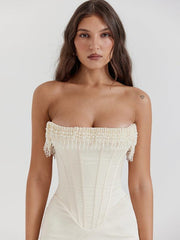 Solid Color Sexy Sleeveless Off-Shoulder Pearl Fishbone Slit Dress Skirt Women's Dress - 808Lush