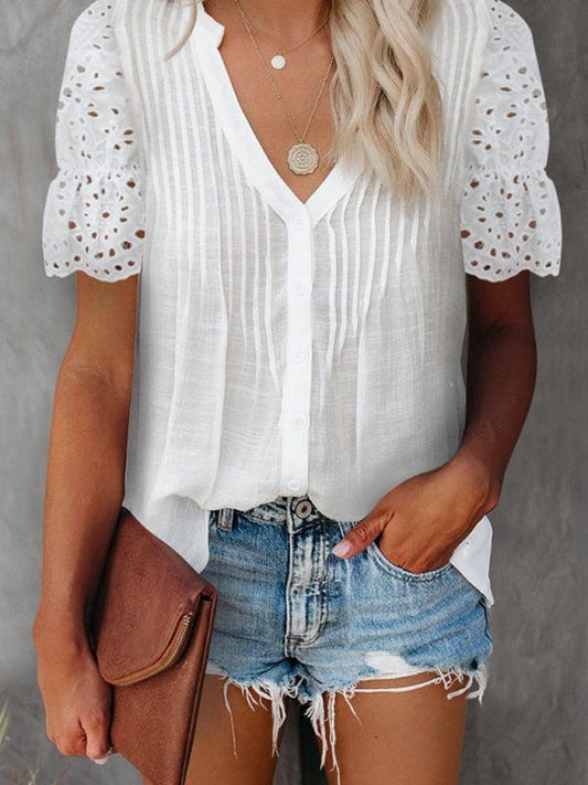 Solid color V-neck front pleats lace puff sleeves splicing single-breasted multi-button shirt - 808Lush