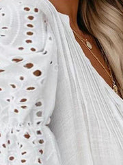 Solid color V-neck front pleats lace puff sleeves splicing single-breasted multi-button shirt - 808Lush