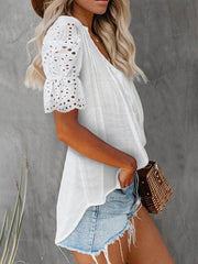 Solid color V-neck front pleats lace puff sleeves splicing single-breasted multi-button shirt - 808Lush