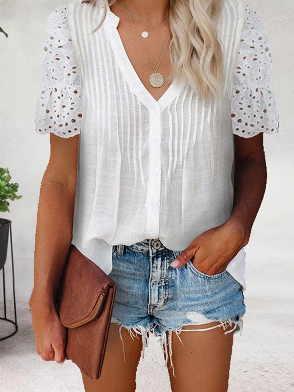Solid color V-neck front pleats lace puff sleeves splicing single-breasted multi-button shirt - 808Lush