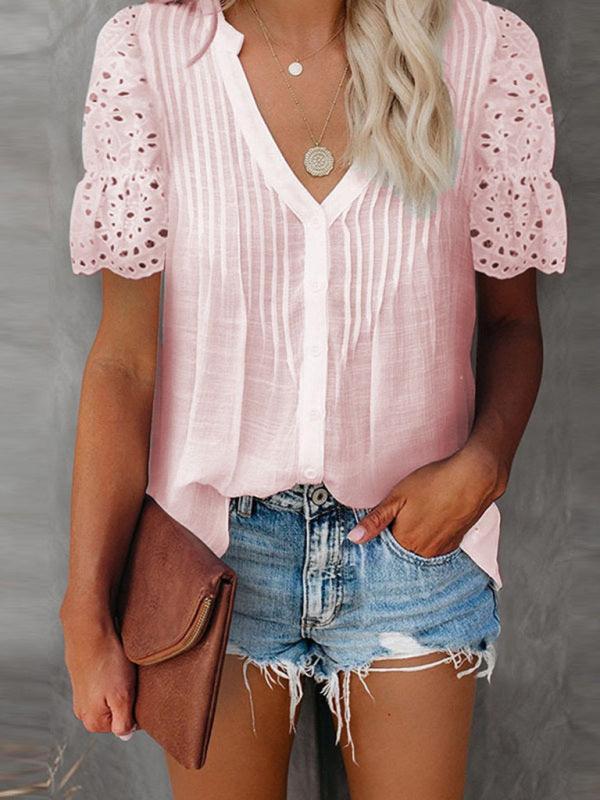 Solid color V-neck front pleats lace puff sleeves splicing single-breasted multi-button shirt - 808Lush