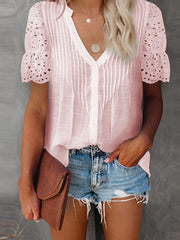 Solid color V-neck front pleats lace puff sleeves splicing single-breasted multi-button shirt - 808Lush