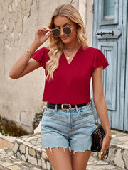 Solid color V-neck short-sleeved slim fit women's top - 808Lush