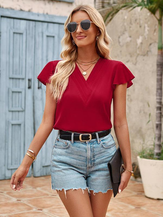 Solid color V-neck short-sleeved slim fit women's top - 808Lush