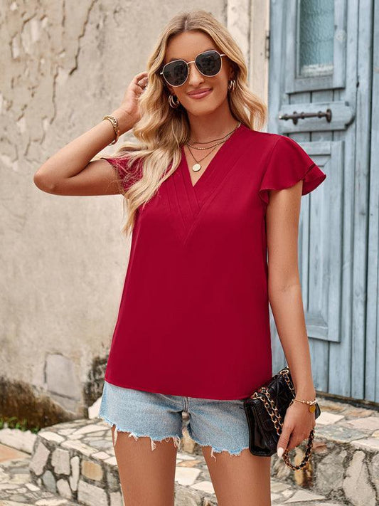 Solid color V-neck short-sleeved slim fit women's top - 808Lush