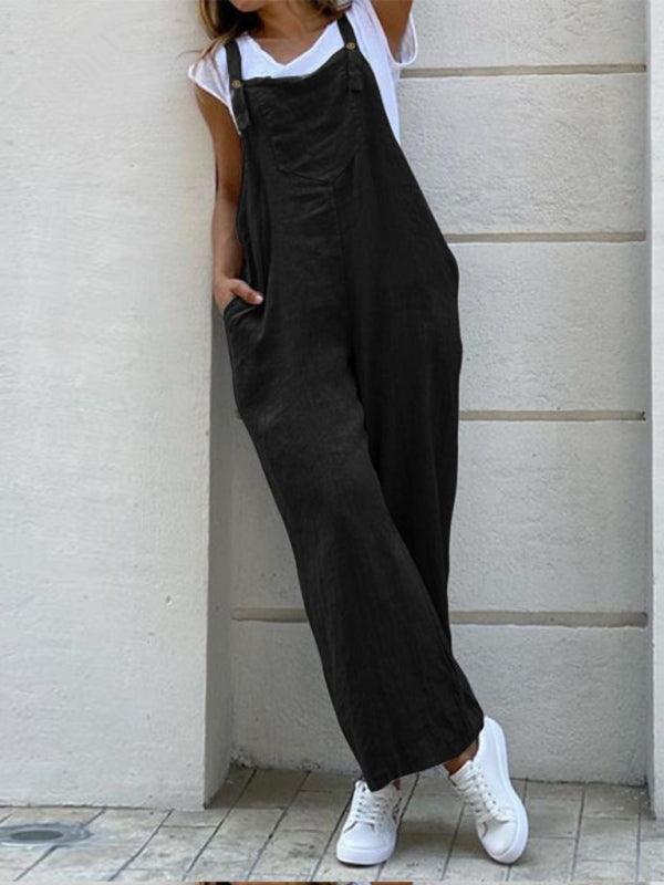Solid color long jumpsuit with suspenders - 808Lush