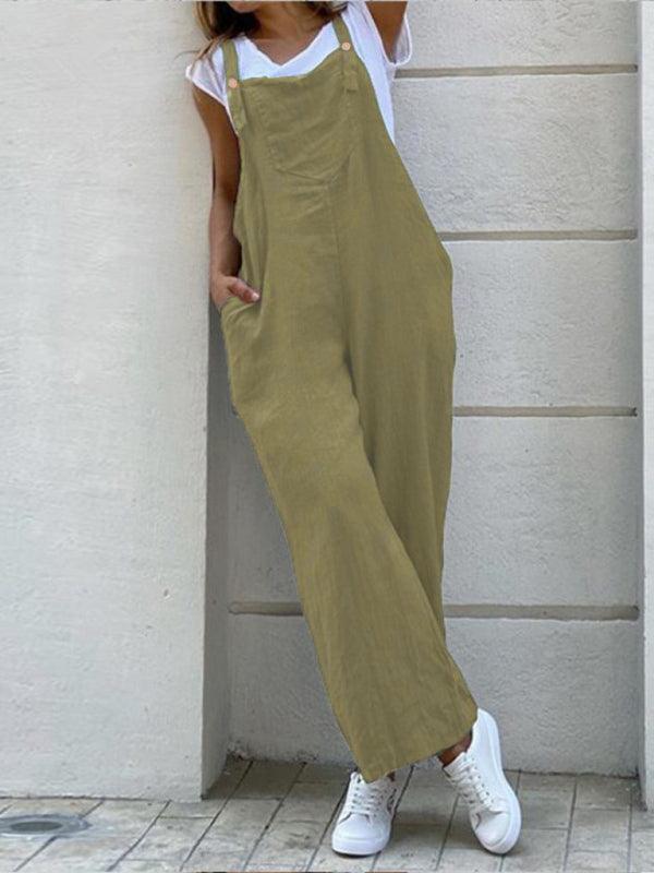 Solid color long jumpsuit with suspenders - 808Lush