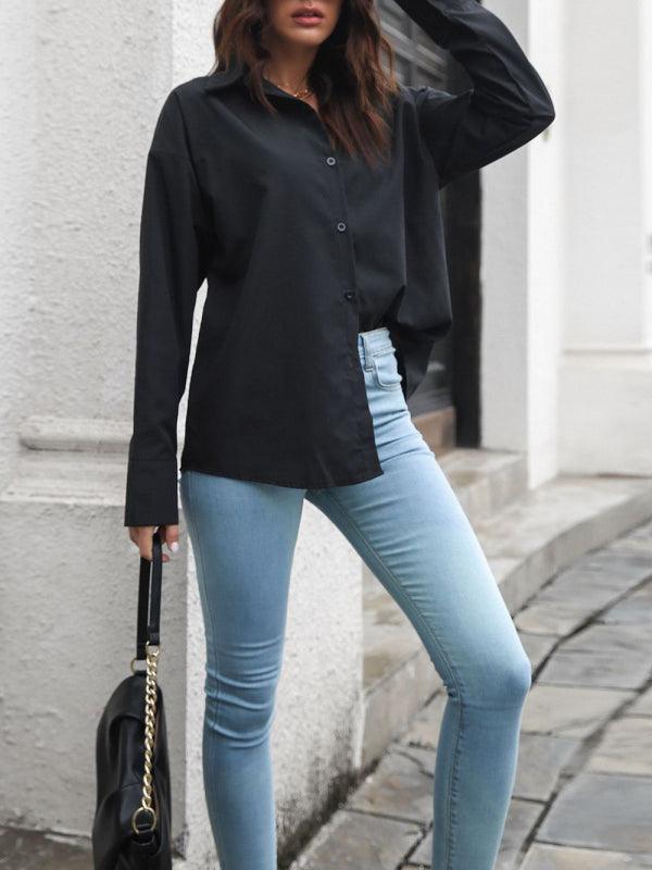 Solid color long-sleeved shirt J simple casual all-match top - 808Lush