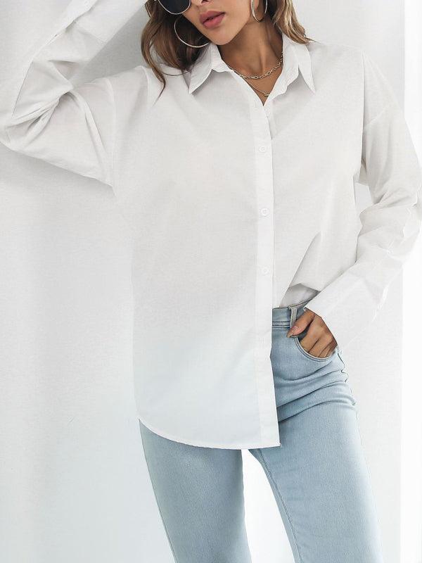 Solid color long-sleeved shirt J simple casual all-match top - 808Lush