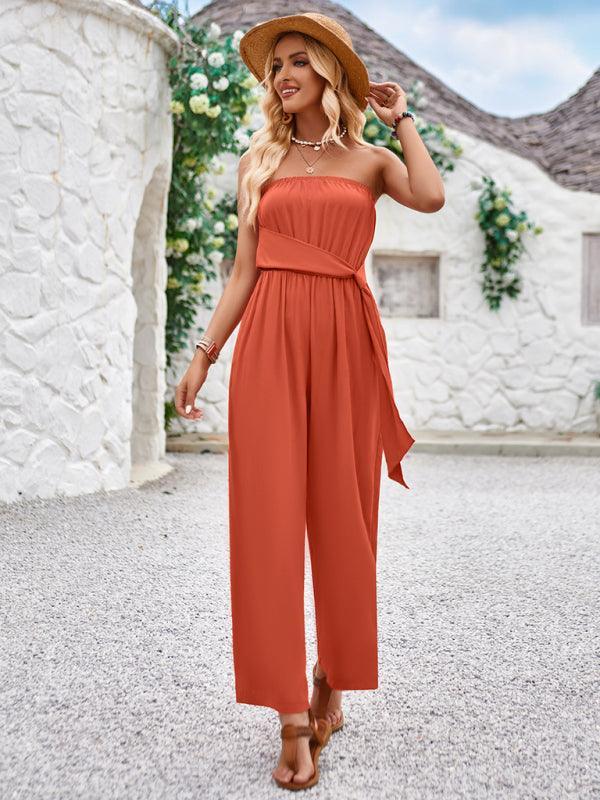 Solid color tube top and waist slim fit jumpsuit - 808Lush